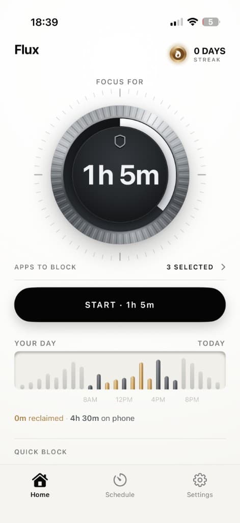Flux app home screen with focus timer